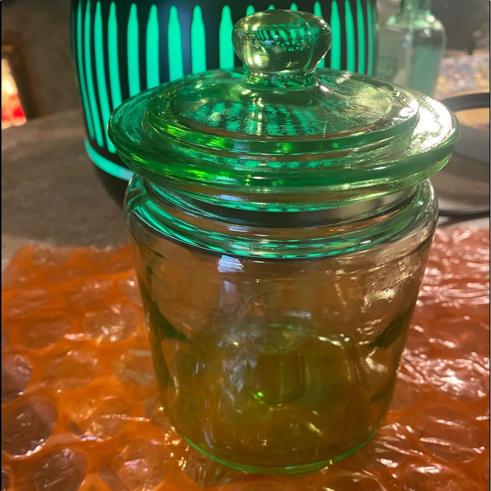 DEPRESSION GLASS GLOWING CANDY LIDDED JAR AMAZING